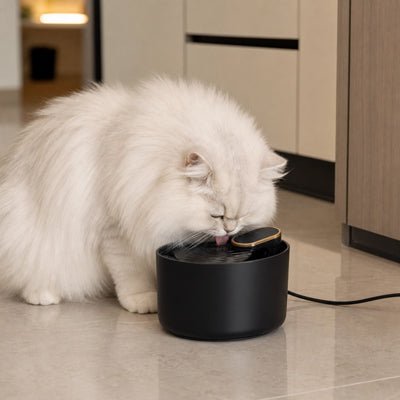 chat angora blanc bois dans sa fontaine à eau