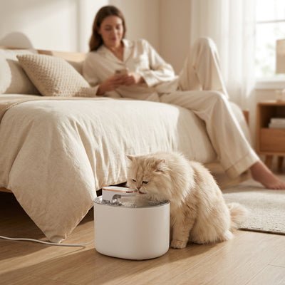 chat angora blanc bois dans sa fontaine sous les yeux de sa maitresse