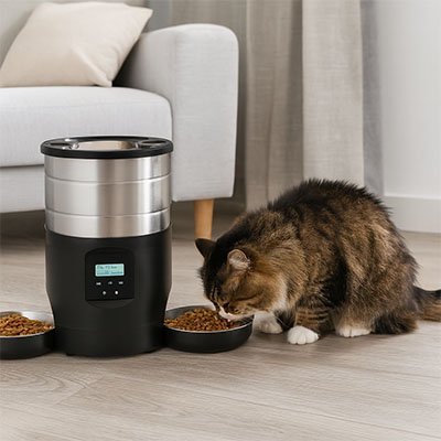 chat angora mange dans distributeur croquettes noir