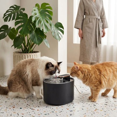chat bicolor et chat roux découvrent fontaine à eau noir