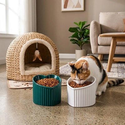 chat bicolor heureux de manger dans sa gamelle