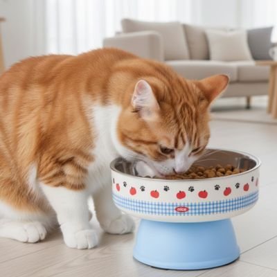 chat bicolor mange dans gamelle surélevée bleu