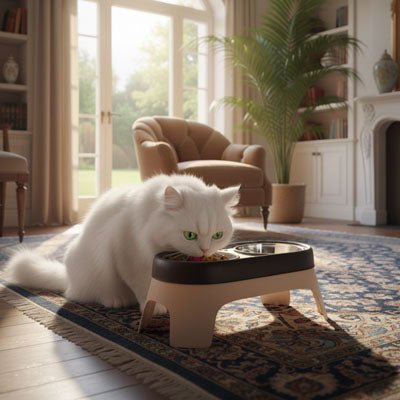chat blanc bois dans gamelle surélevée