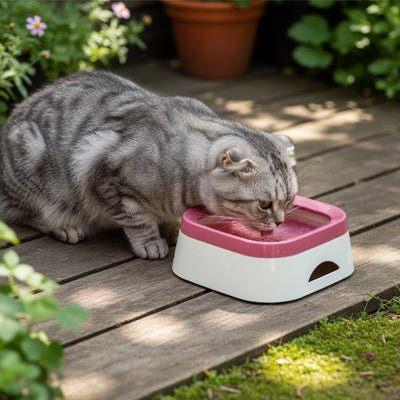 chat gris boit gamelle chat rose