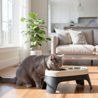 chat gris mange croquettes gamelle surélevée