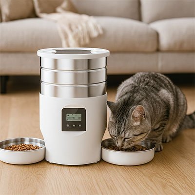chat mange dans distributeur croquettes