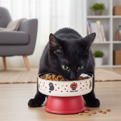chat noir mange avec engouement dans gamelle surélevée rouge