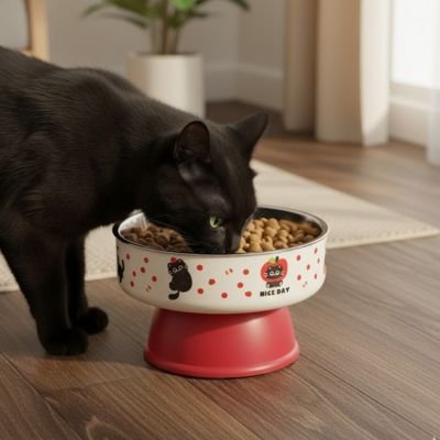 chat noir mange dans gamelle surélevée rouge