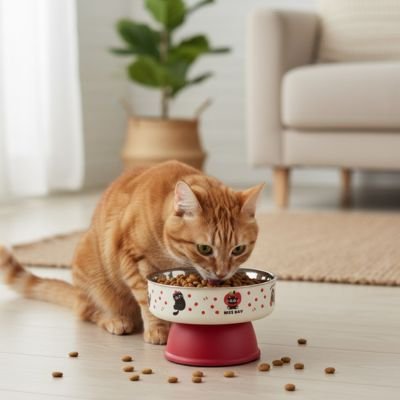 chat roux mange dans gamelle surélevée rouge