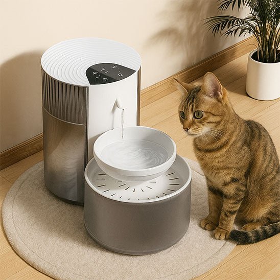 chat satisfait assis devant fontaine a eau