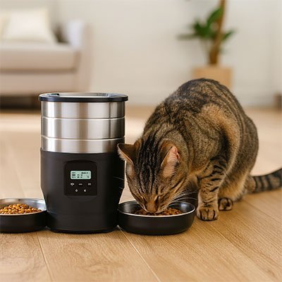 chat tigré mange dans distributeur croquettes noir
