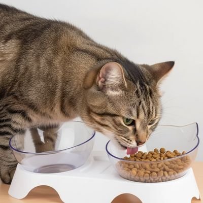 chat tigré mange dans gamelle surélevée