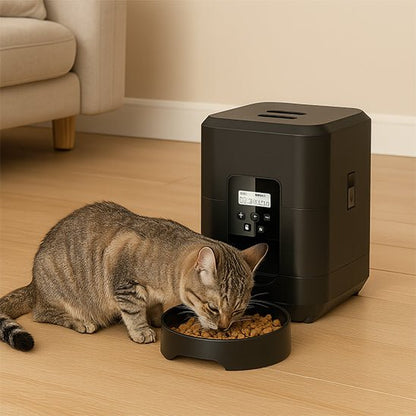 chat tigre mange distributeur automatique croquettes chat noir