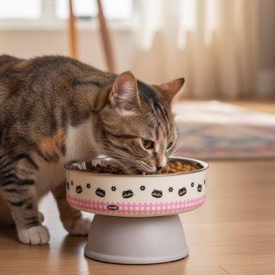 chat tricolore mange dans gamelle surélevée gris
