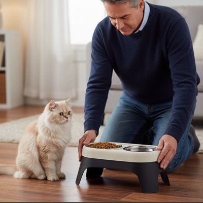 homme pose gamelle chat surlevée