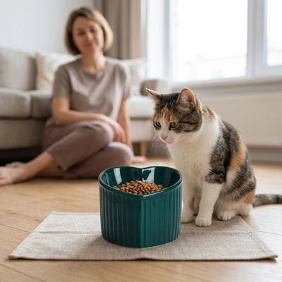 maîtresse regarde son chat manger